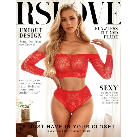 🆕Women's Red Mesh Fishnet Lingerie Bodysuit Long Sleeve Lace See-Through - Picture 2 of 5